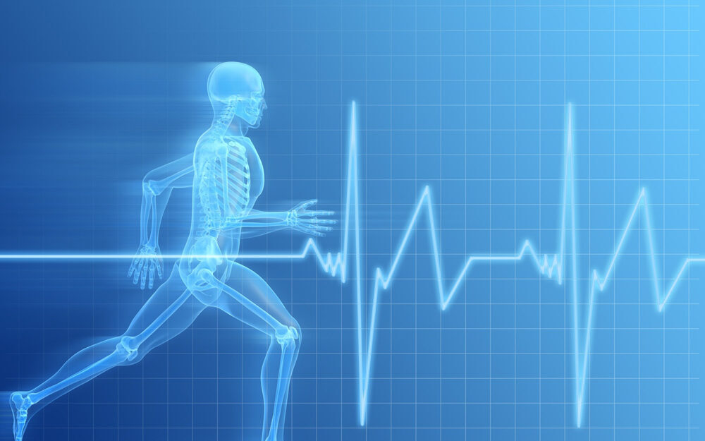 Blue toned image with xray image of a human running with a jagged pulse for the image of energy